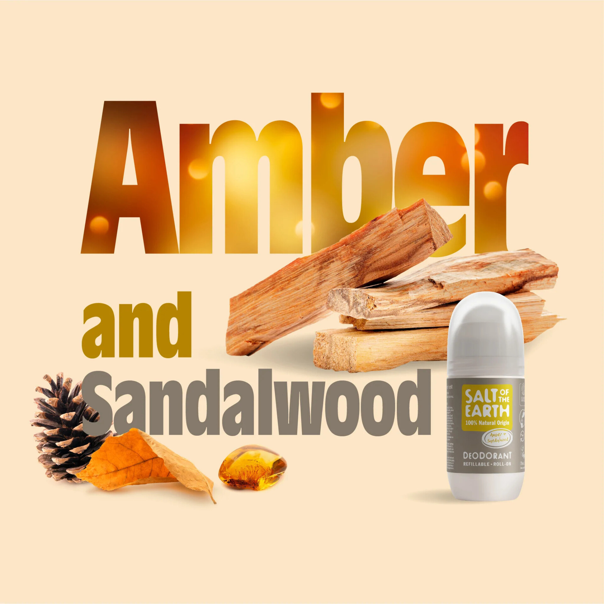 SaltoftheEarth Vegan Αποσμητικό, Επαναγεμιζόμενο Roll-On 75ml, Amber & Sandalwood