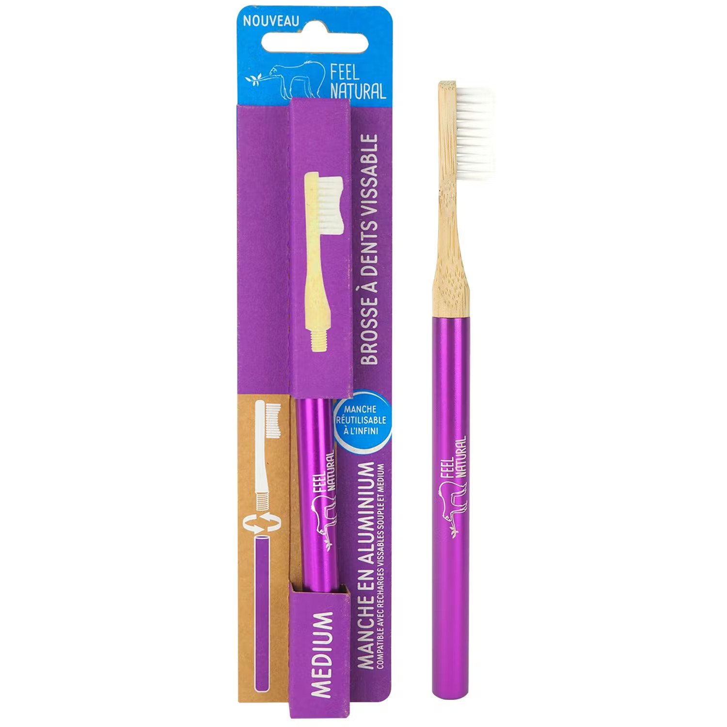 Feel Natural Purple screw toothbrush made of aluminium and bamboo MEDIUM